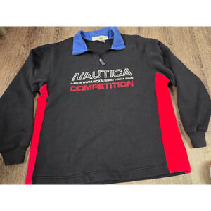 Nautica Competition 1/4 Zip Black Sweatshirt Vintage 1990s Swim Bike Run Medium